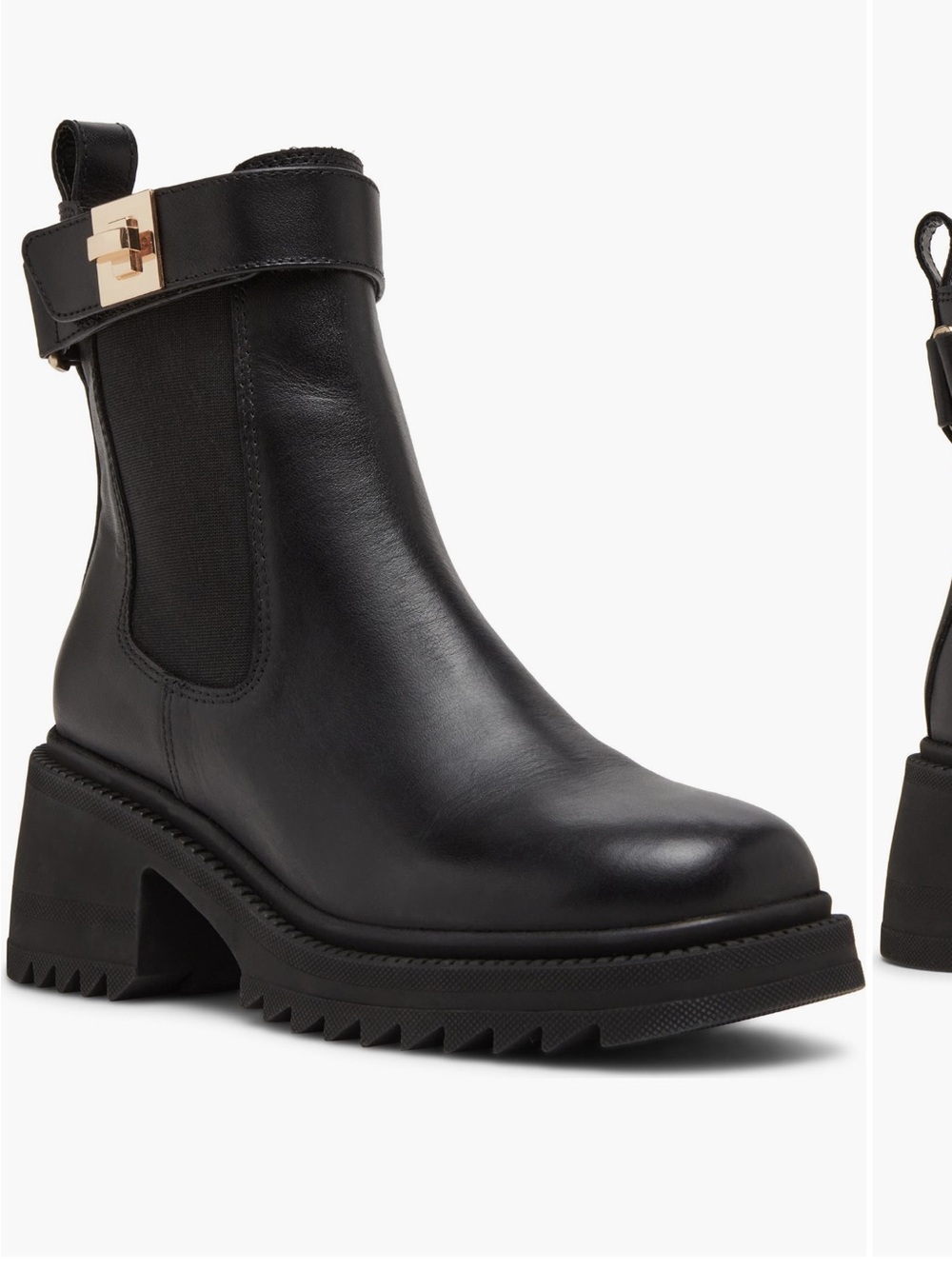 Steve Madden Black Leather Lug Heel Chelsea Boot with Buckle Strap